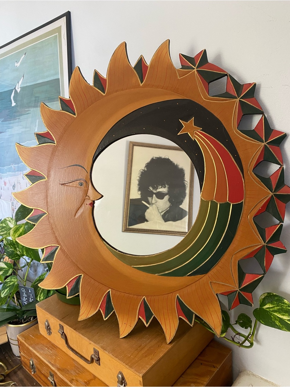 Vintage Hand-Painted Hand Carved Sun & Moon Celsestial Wall Mirror